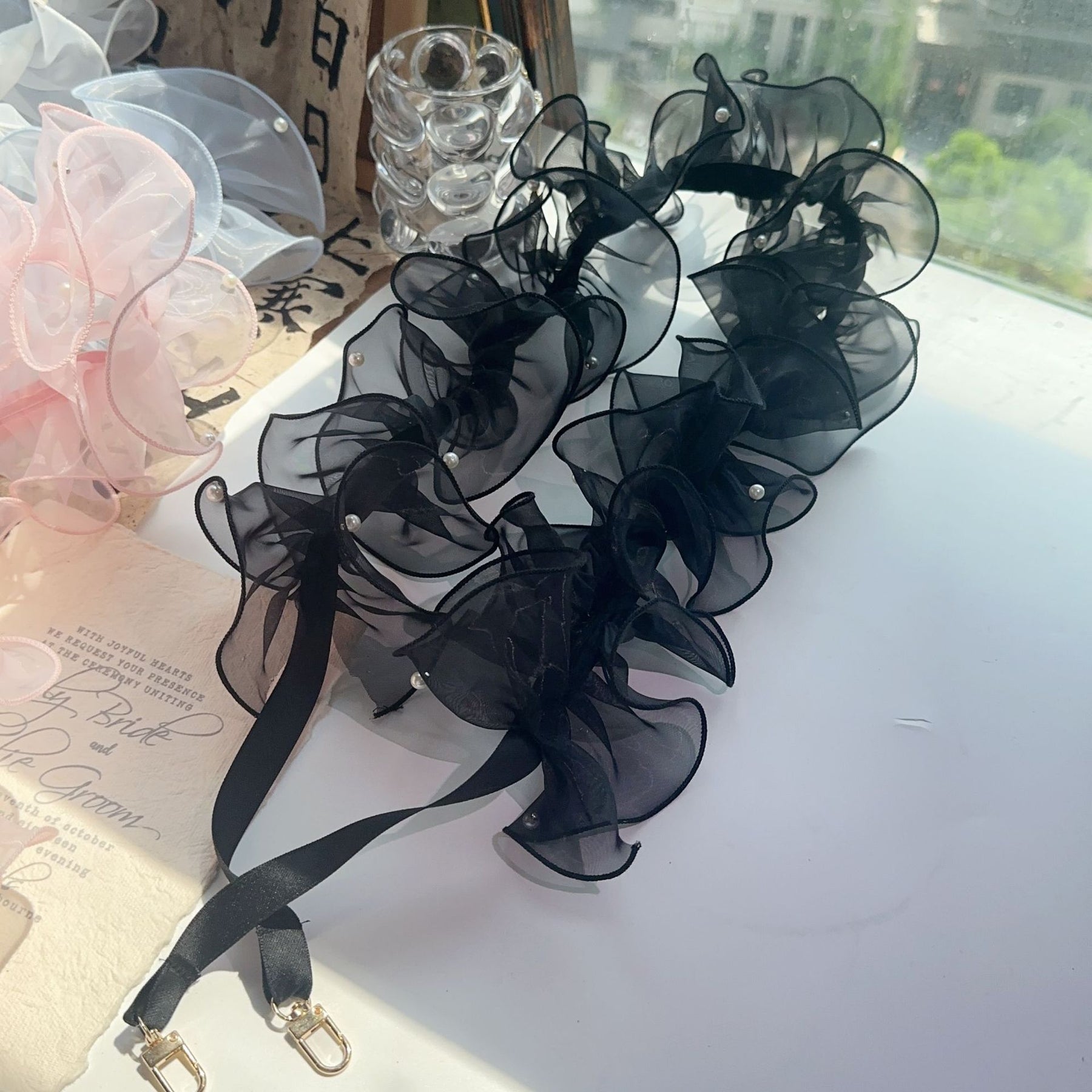 Black Pearl Balletcore Ruffle Double Buckle Strap