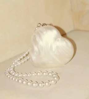 Acrylic Heart Shaped Design Clutch with cream white ruffle charm